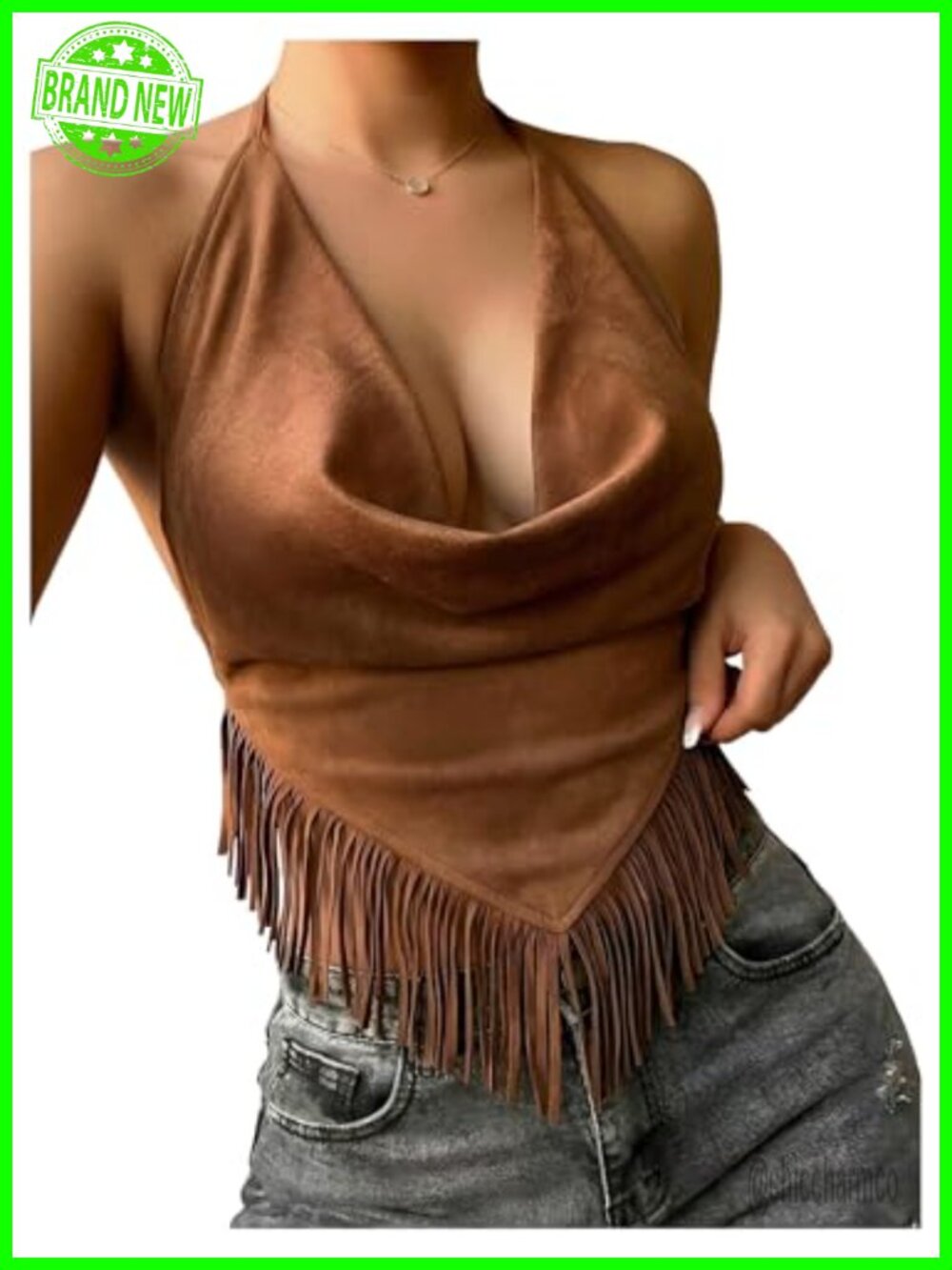 Fringe Suede Halter Top Tie Backless Western Cowgirl Concert Tank